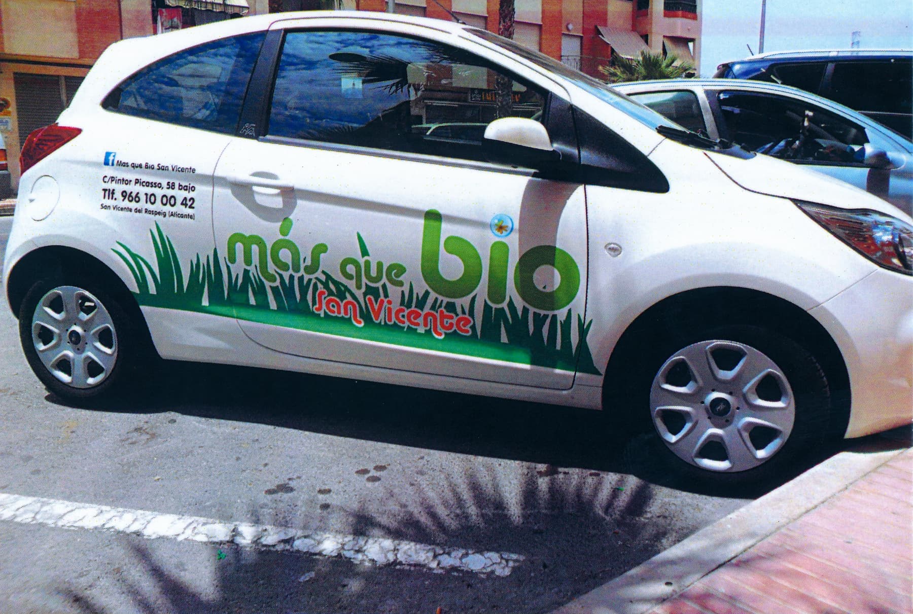 Coche rotulado con vinilo impreso de Mercado Bio y motivos vegetales